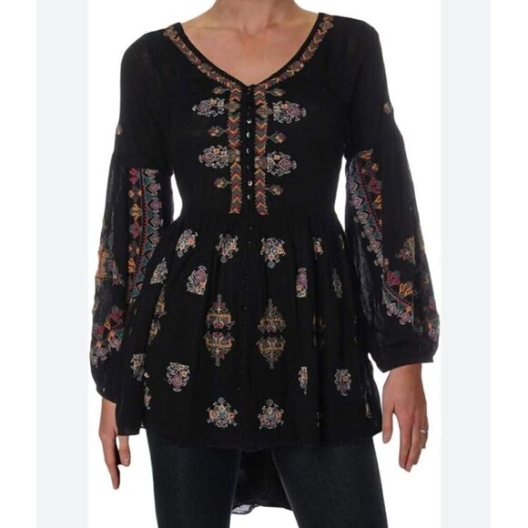 Free People Tunic Dress S Shirt‎ Peasant Top Black Embroidered Vneck Boho Prarie - Picture 3 of 16